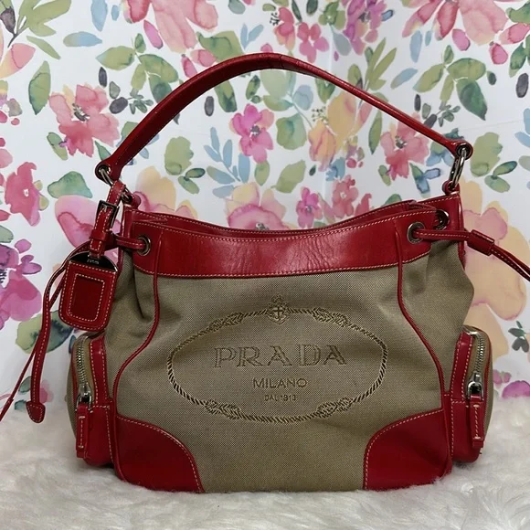 💯Authentic PRADA Jacquard Logo Hobo Corda Rosso🍀